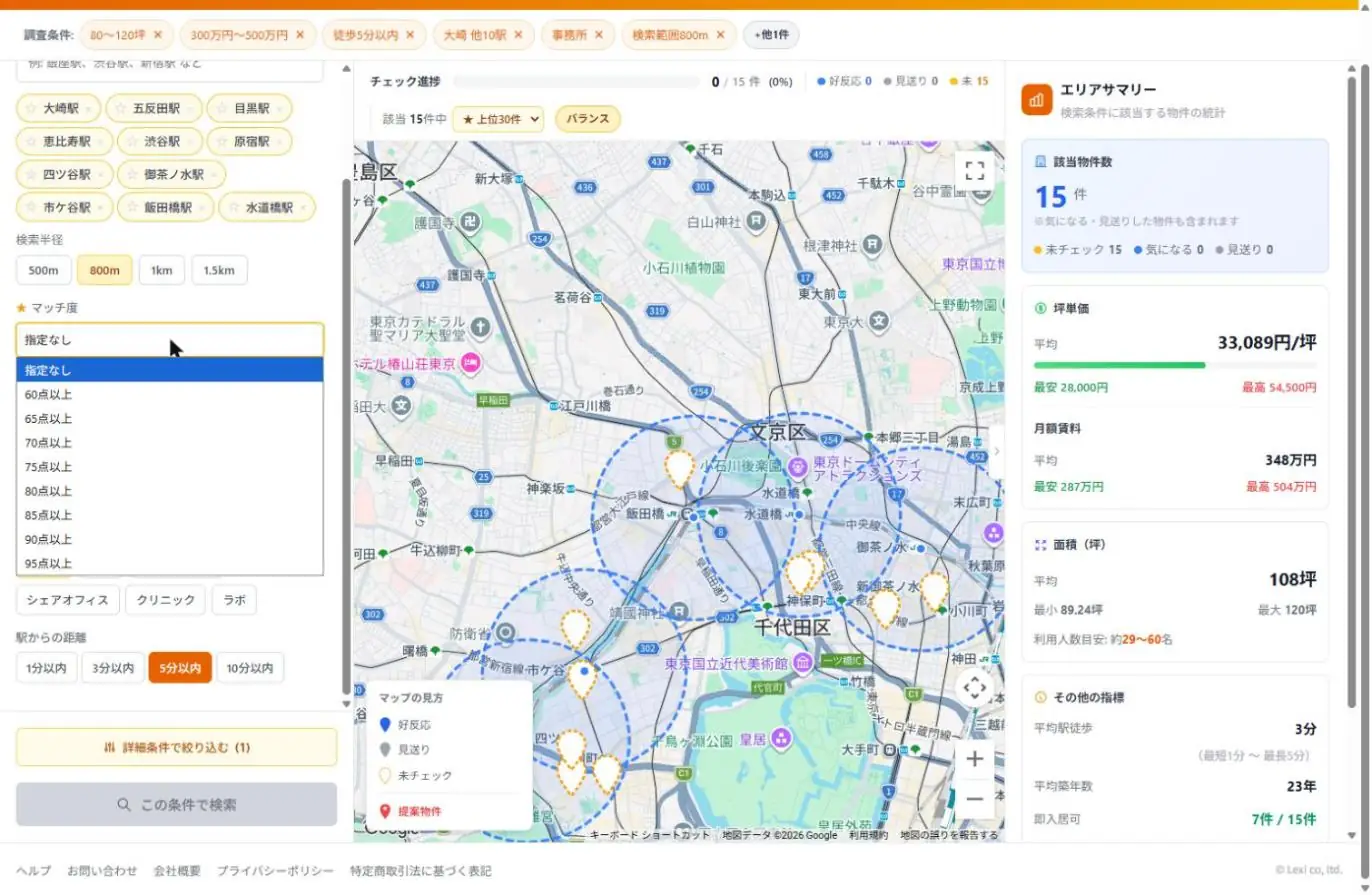 マッチ度の絞り込みドロップダウン。指定なしから95点以上まで段階的に選択できる