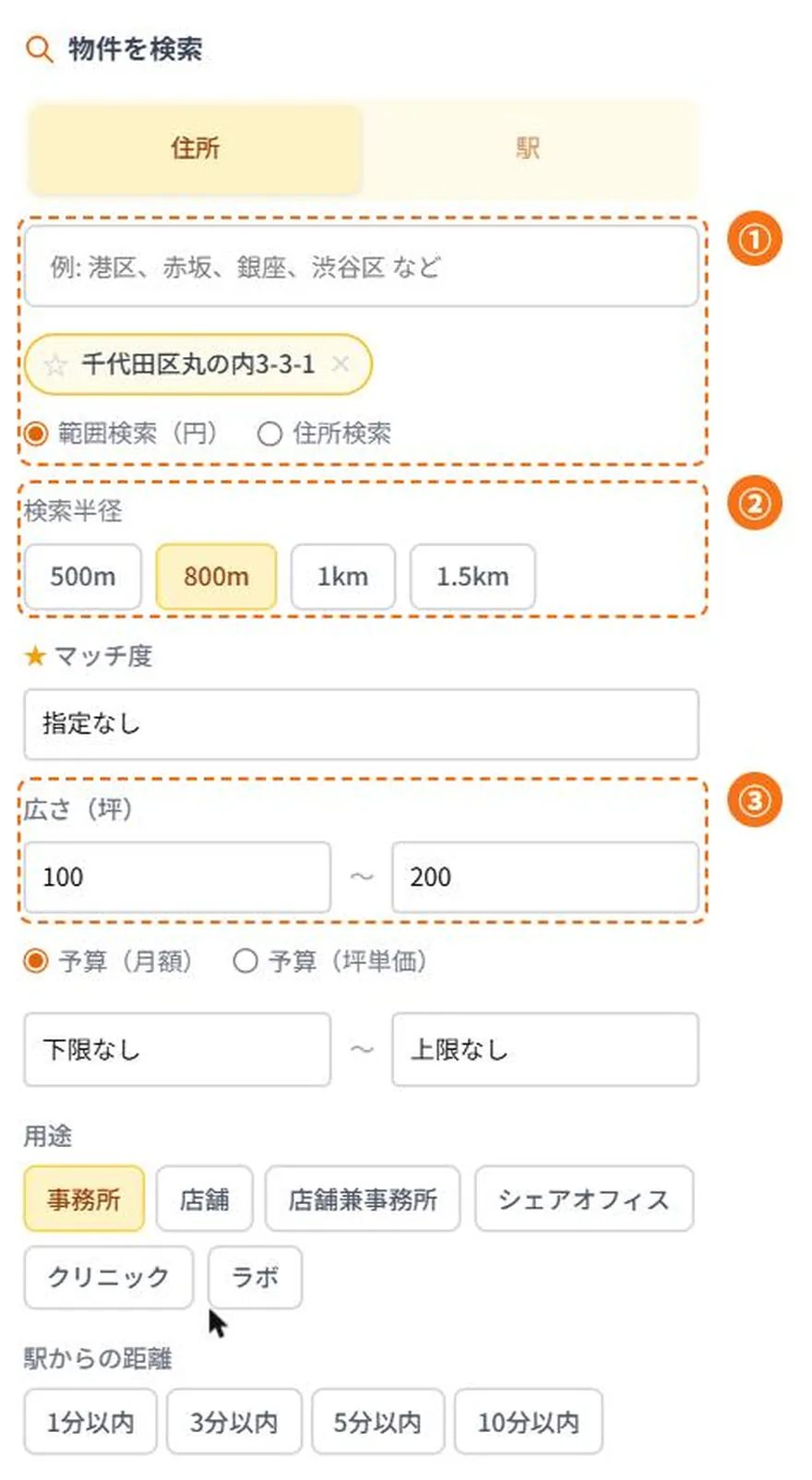 cocosyの検索条件パネルで、①住所（千代田区丸の内3-3-1）②検索半径800m ③広さ100〜200坪を設定した状態