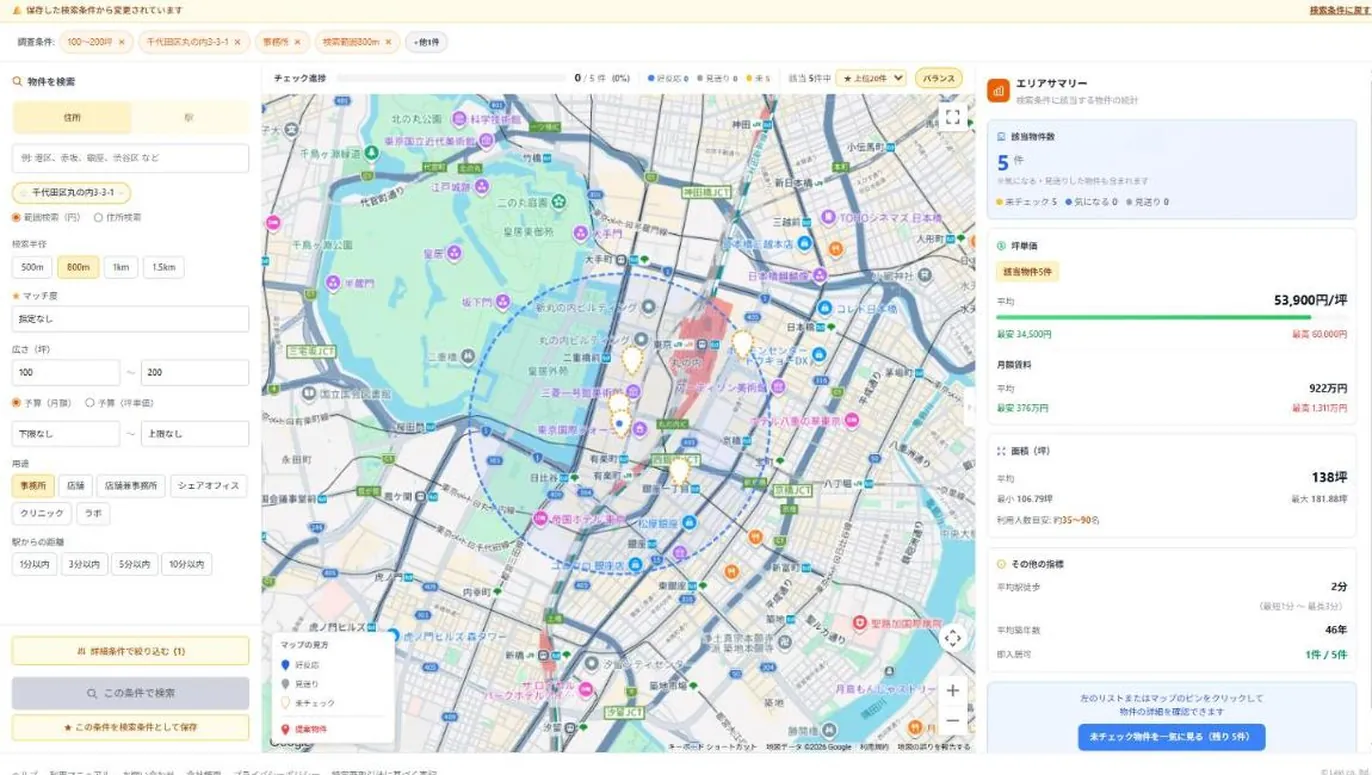 丸の内3-3-1を中心とした半径800mの円が地図上に表示され、円内の該当物件がピンで表示された検索結果画面